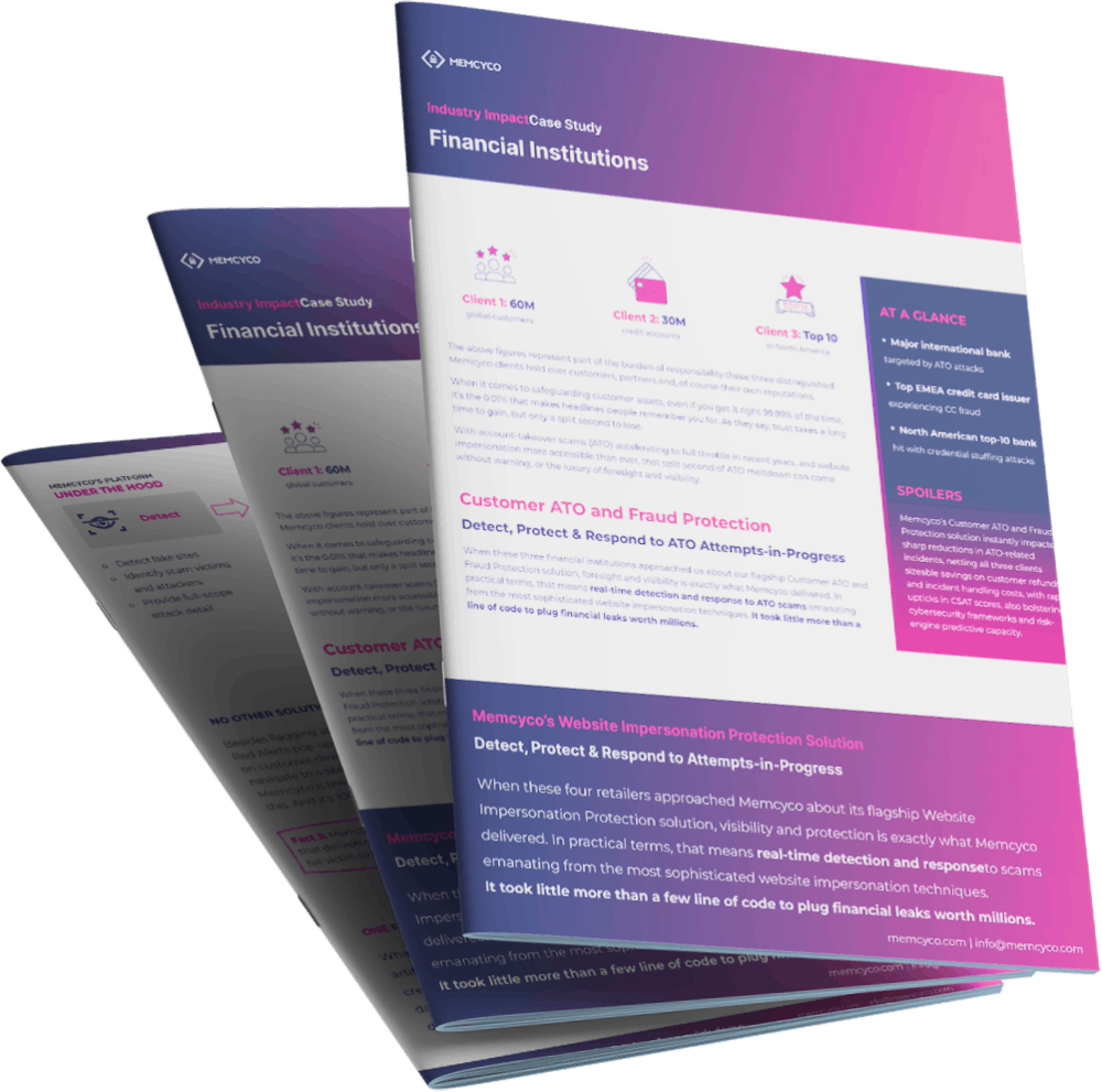 Three stacked case study brochures titled "Financial Institutions" with purple and pink gradient covers, featuring statistics, highlights, and sections on fraud protection—ideal for Digital Business teams focused on account takeover prevention.