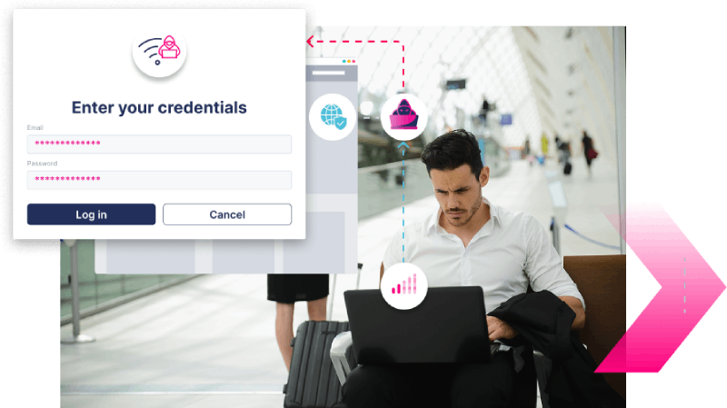 A man sits with a laptop in an airport—a common use case for potential MiTM attacks. An overlay displays a login screen requesting email and password, illustrating online credential entry.