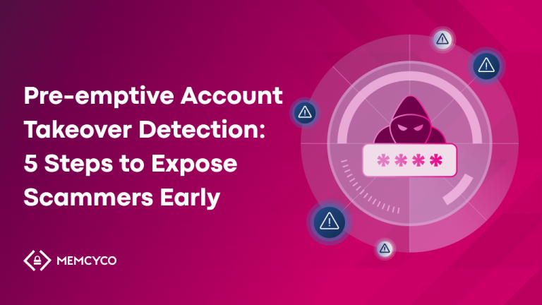 A graphic featuring “Pre-emptive Account Takeover Detection: 5 Steps to Expose Scammers Early” alongside an illustration of a hooded figure and warning icons, highlighting the importance of stopping threats before they strike.