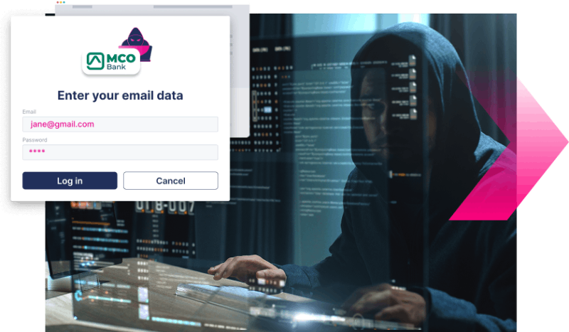 A person in a hoodie sits at a computer in a dark room, with a fake bank login screen requesting email and password data—a reminder of the importance of Digital Impersonation protection.
