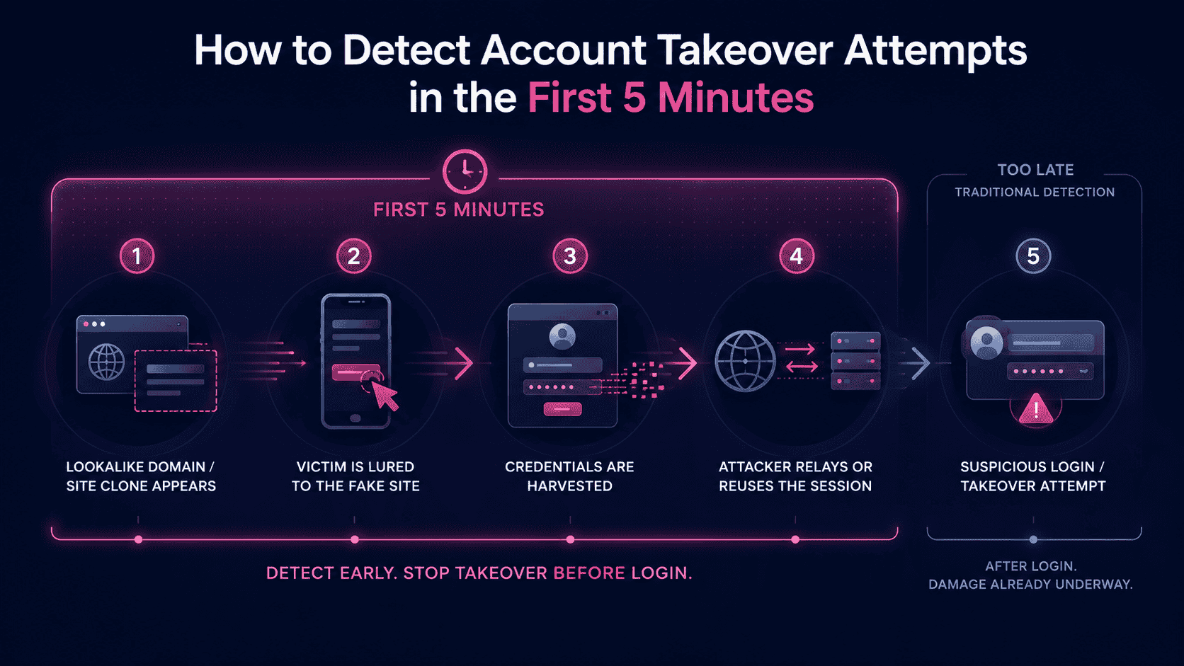 Timeline infographic showing how account takeover attacks unfold in the first five minutes, from lookalike domain creation and fake site lures to credential harvesting, session relay, and suspicious login detection.